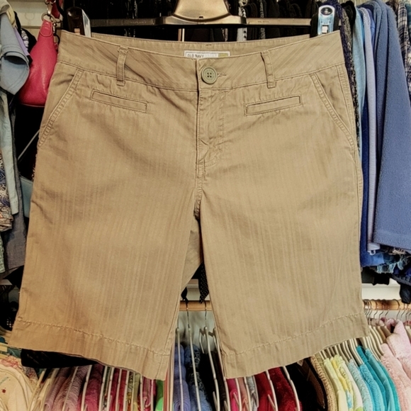 OLD NAVY ♡ Sweet Military Green Cotton Low Waist Bengal Striped Bermuda Shorts 6 - Picture 5 of 16